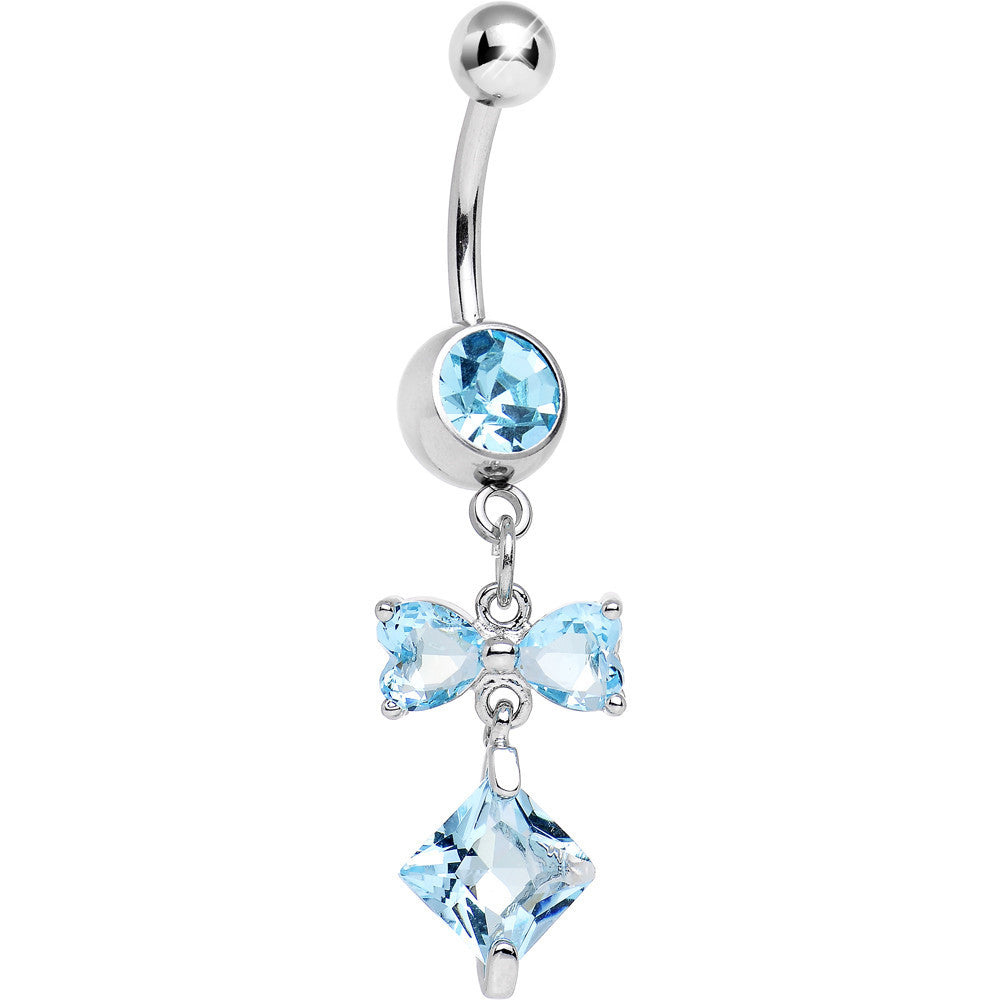 Aqua Cubic Zirconia Bow Tie Square Charm Dangle Belly Ring