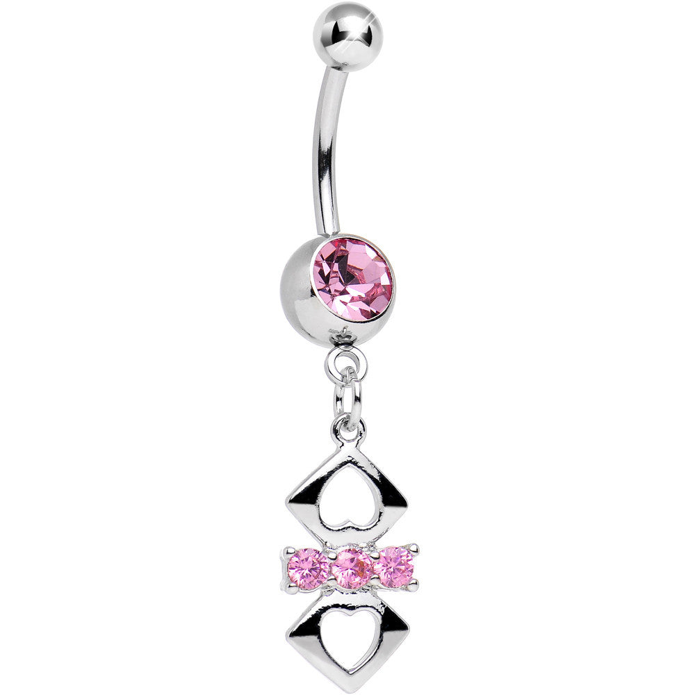 Pink Cubic Zirconia Double Heart Cut Out Dangle Belly Ring