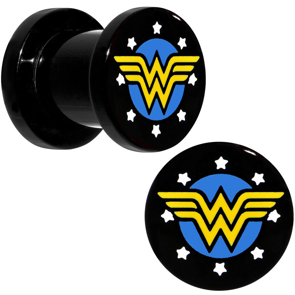 0 Gauge Black Acrylic Licensed Wonder Woman Logo Screw Fit Plug Set