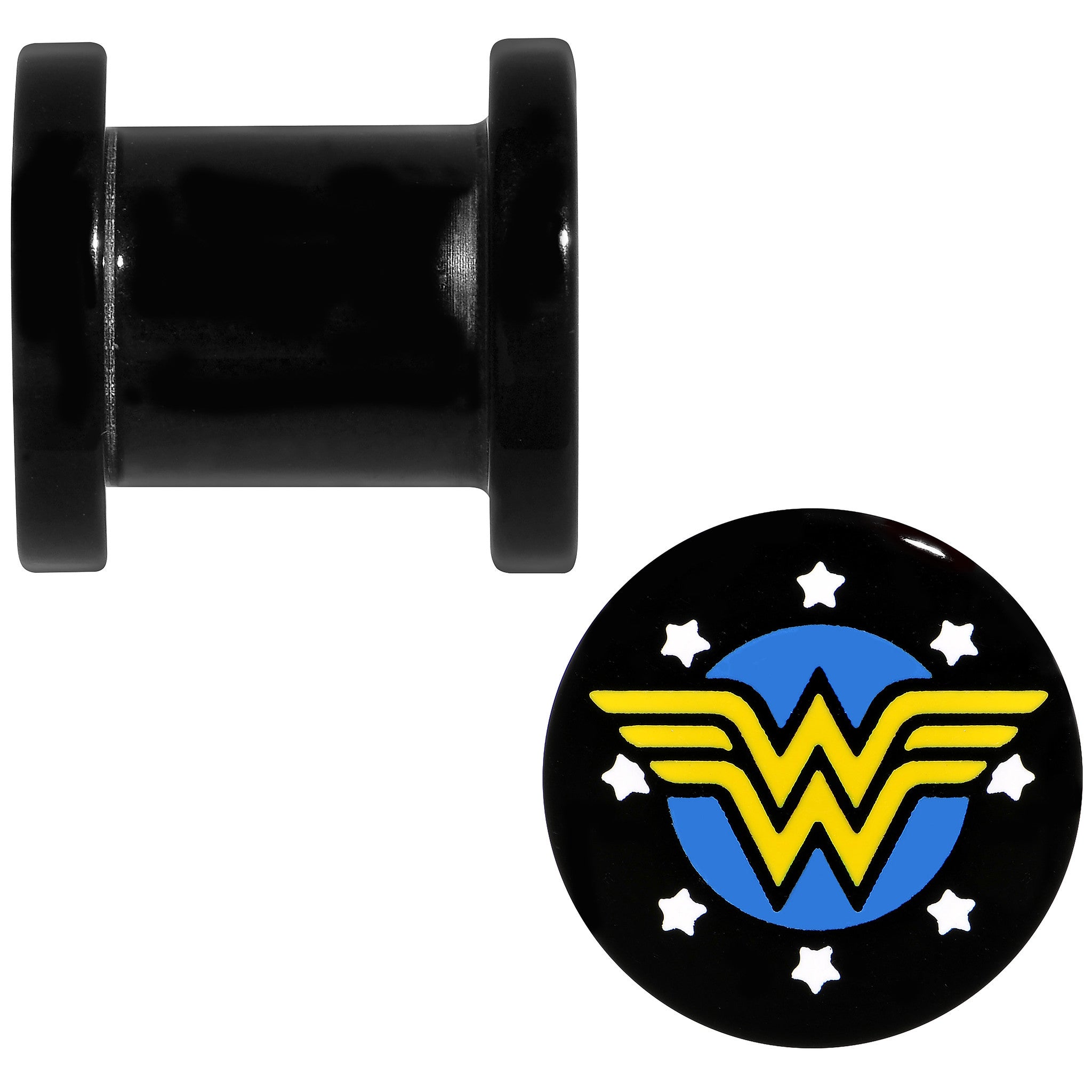 0 Gauge Black Acrylic Licensed Wonder Woman Logo Screw Fit Plug Set