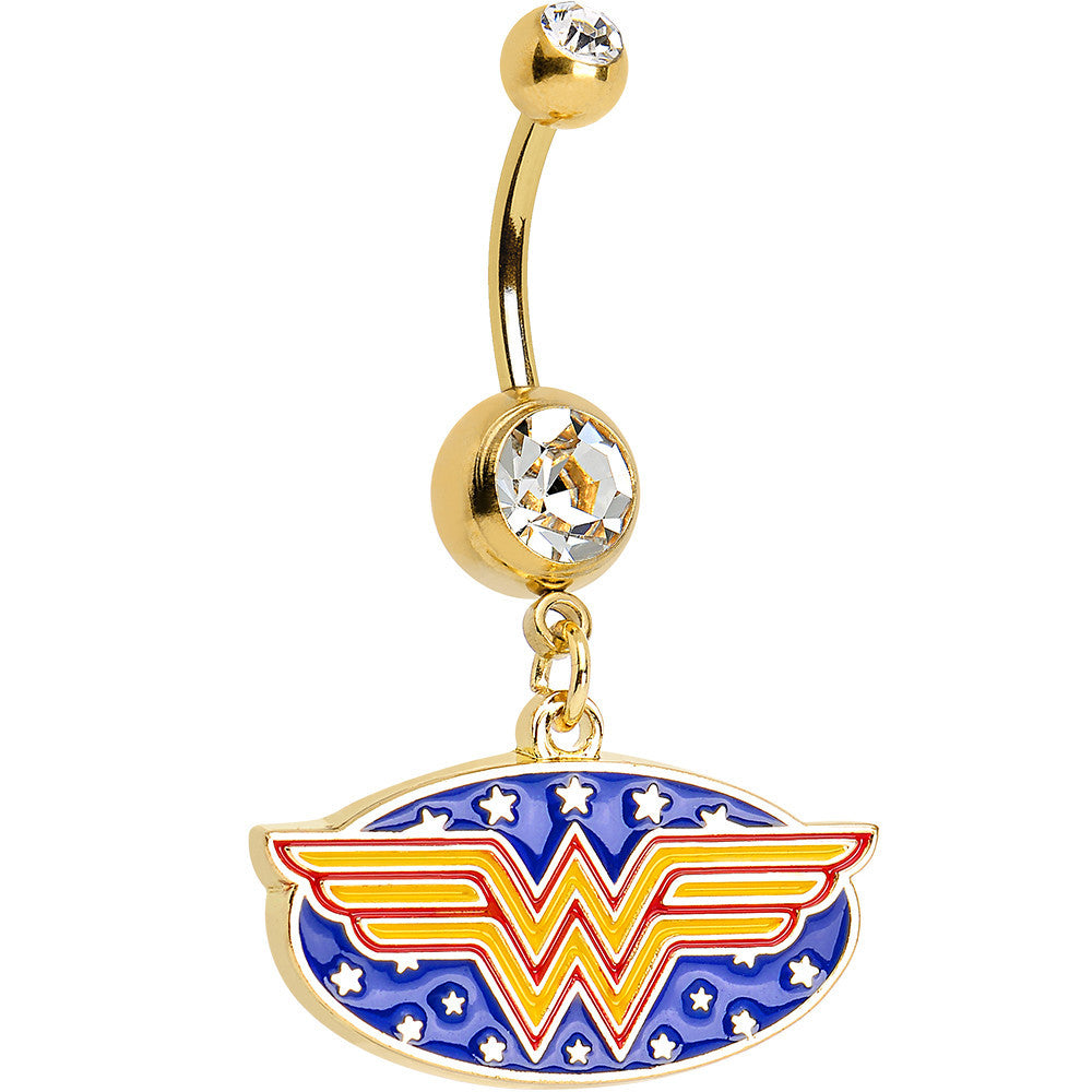 Clear Gem Gold Plated Licensed Wonder Woman Logo Dangle Belly Ring