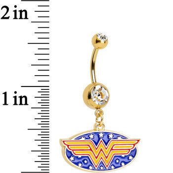 Clear Gem Gold Plated Licensed Wonder Woman Logo Dangle Belly Ring
