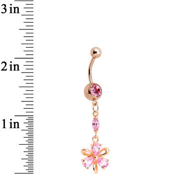 Pink CZ Rose Gold Plated Ribbon Flower Charm Dangle Belly Ring