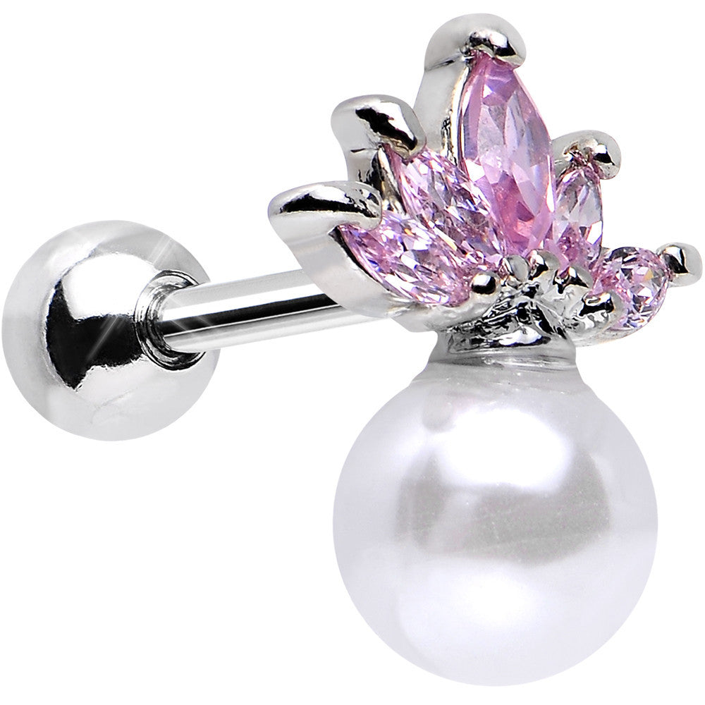 Pink CZ Imitation White Pearl Jeweled Crown Tragus Cartilage Earring