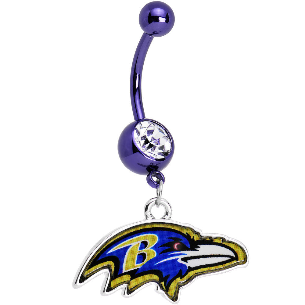 Officially Licensed NFL Clear Gem Baltimore Ravens Dangle Belly Ring