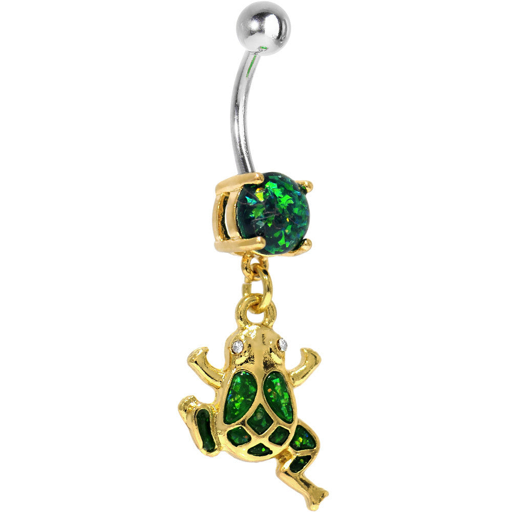 Green Imitation Opal Gold Plated Frog Dangle Belly Ring