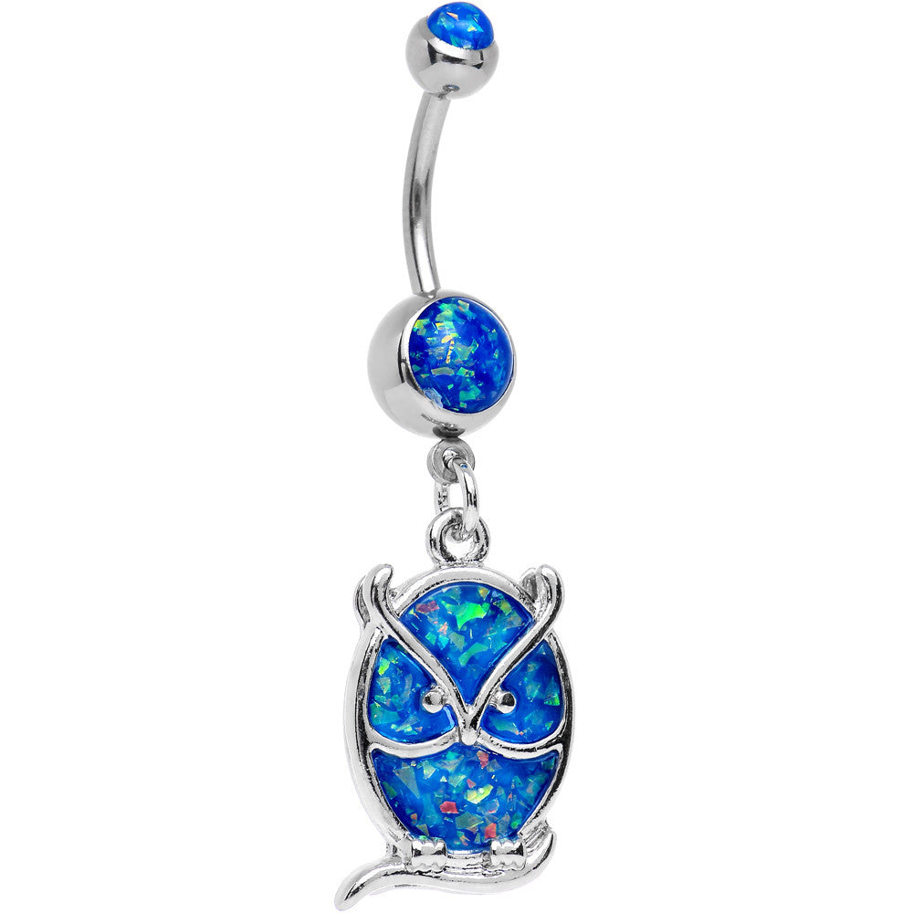 Blue Imitation Opal Wise Owl Dangle Belly Ring