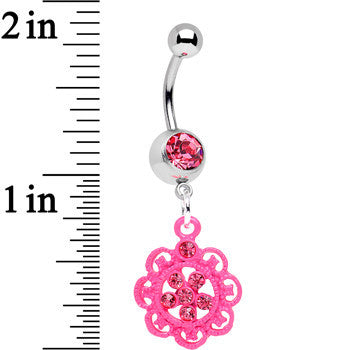 Pink Gem Lacy Pink Flower Dangle Belly Ring