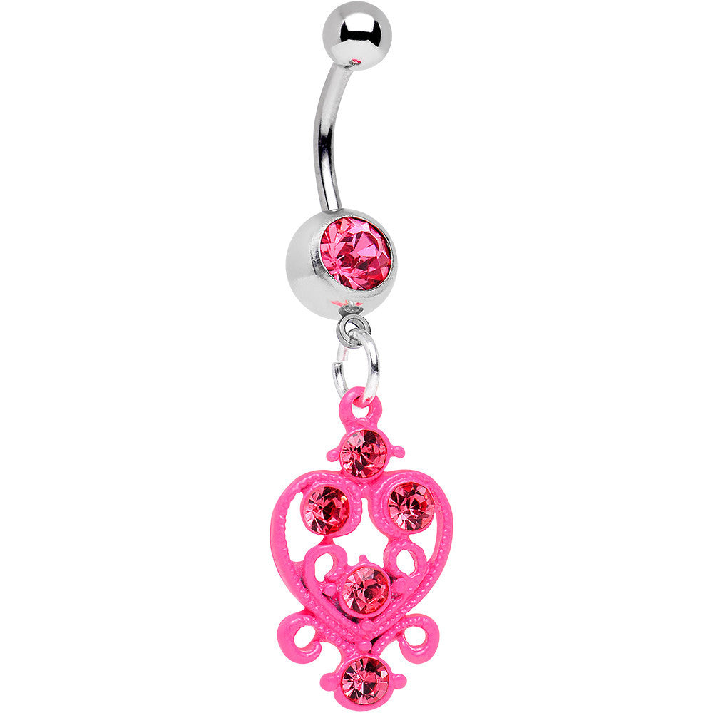 Pink Gem Swirled Pink Heart Dangle Belly Ring