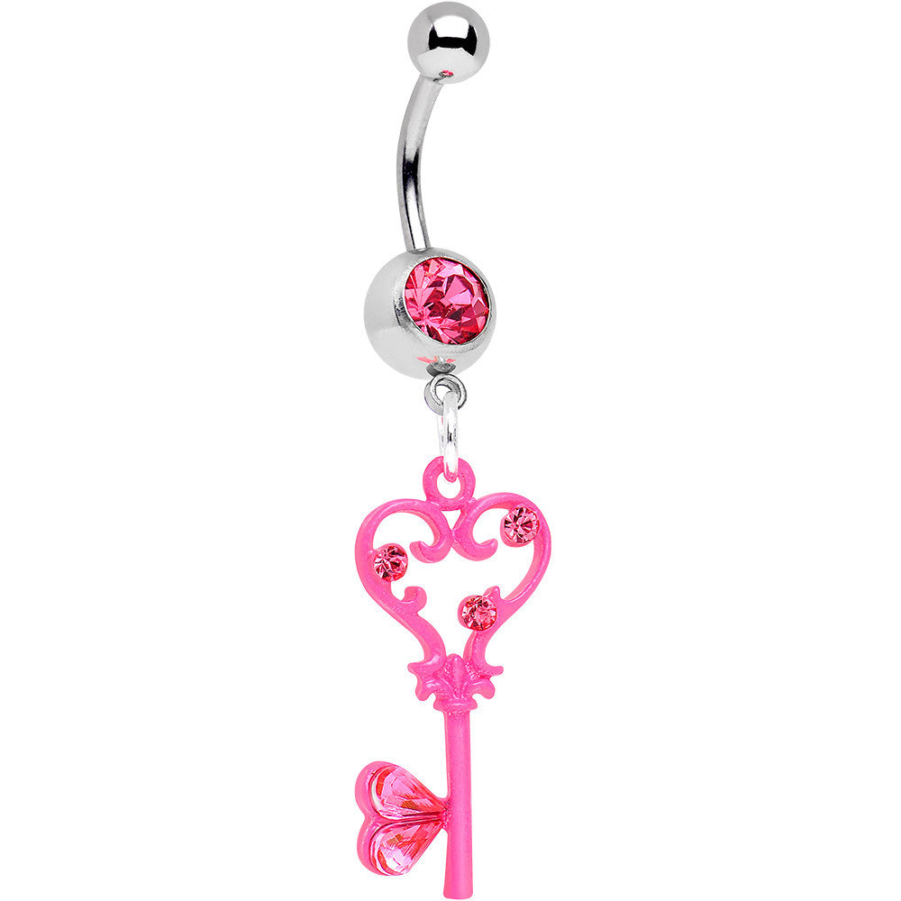 Digestive Key Ring Pink Gem Pink Heart Key to Unlock Love Dangle Belly Ring