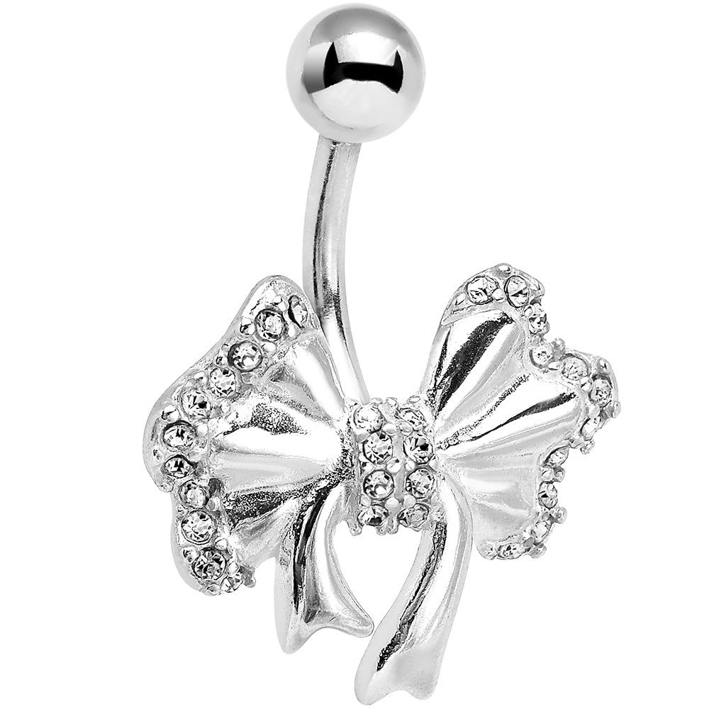925 Sterling Silver Clear Gem Adorned Bow Belly Ring