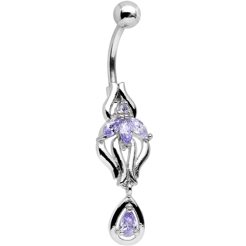 Purple Cubic Zirconia Ornate Orchid Flower Dangle Belly Ring