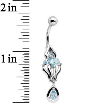 Aqua Cubic Zirconia Ornate Orchid Flower Dangle Belly Ring