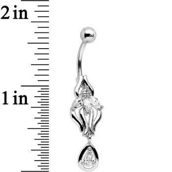 Clear Cubic Zirconia Ornate Orchid Flower Dangle Belly Ring