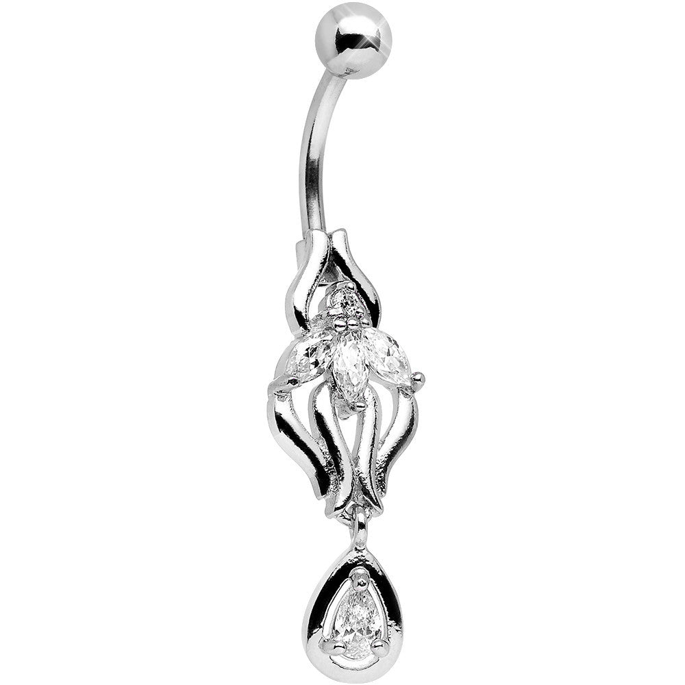 Clear Cubic Zirconia Ornate Orchid Flower Dangle Belly Ring