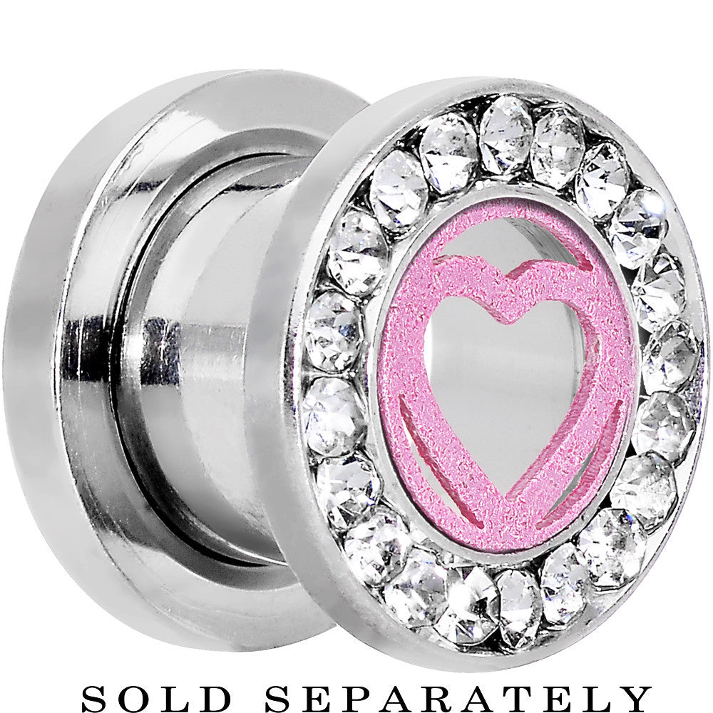 1/2 Stainless Steel Clear Gem Pink Heart Tunnel Plug