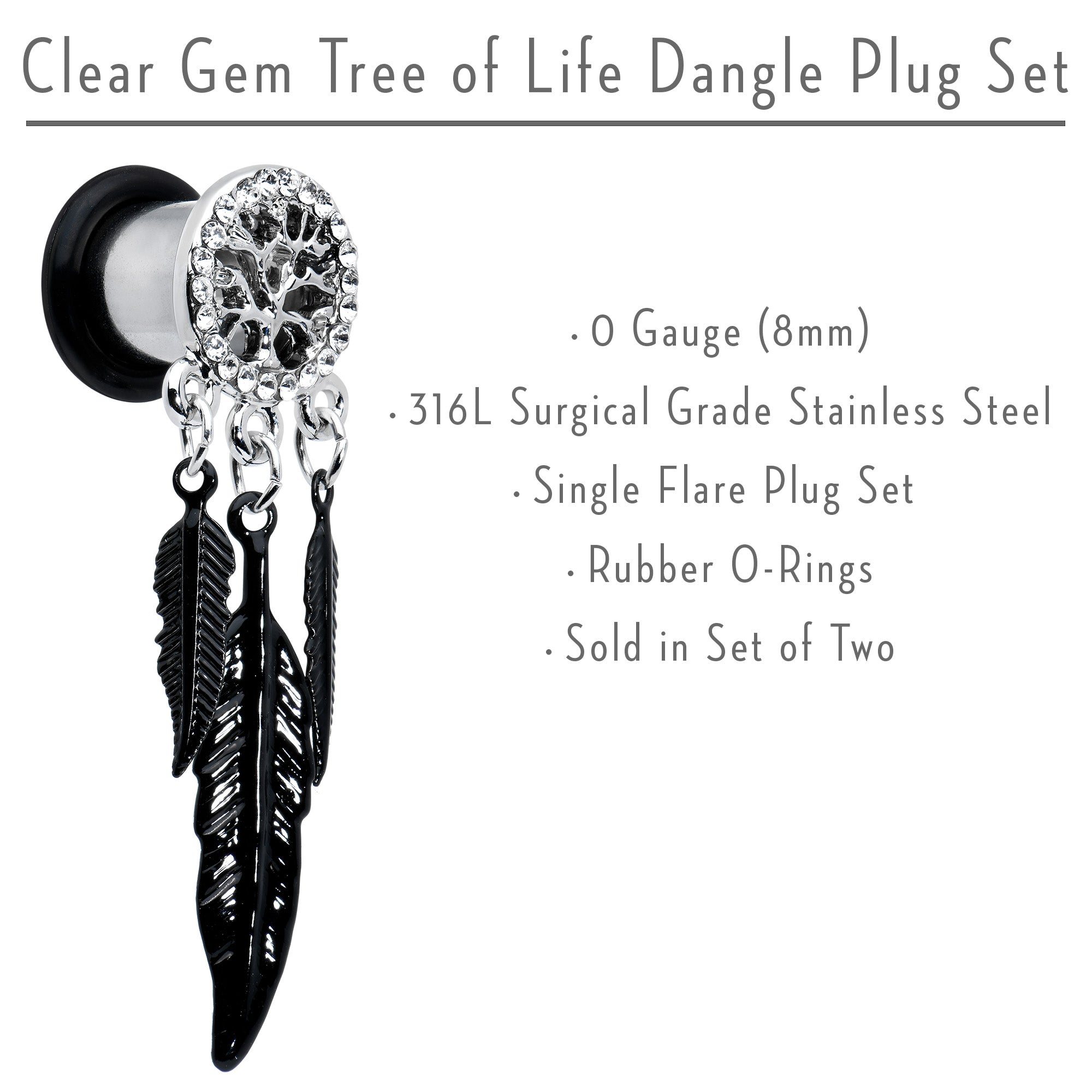 0 Gauge Clear Gem Steel Single Flare Tree of Life Dangle Plug Set