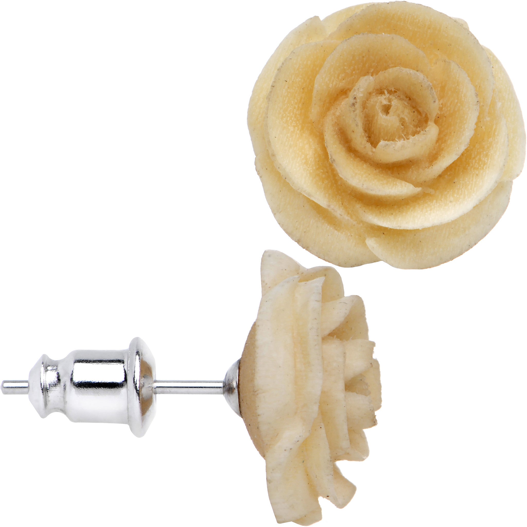 Organic Off White Wood Hand Carved Rosebud Stud Earrings
