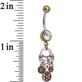 Antiqued Brass Steampunk Padlock Heart and Gears Dangle Belly Ring