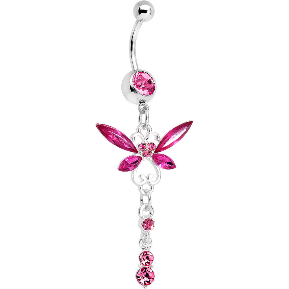 Pink Gem Butterfly Dangle Belly Ring
