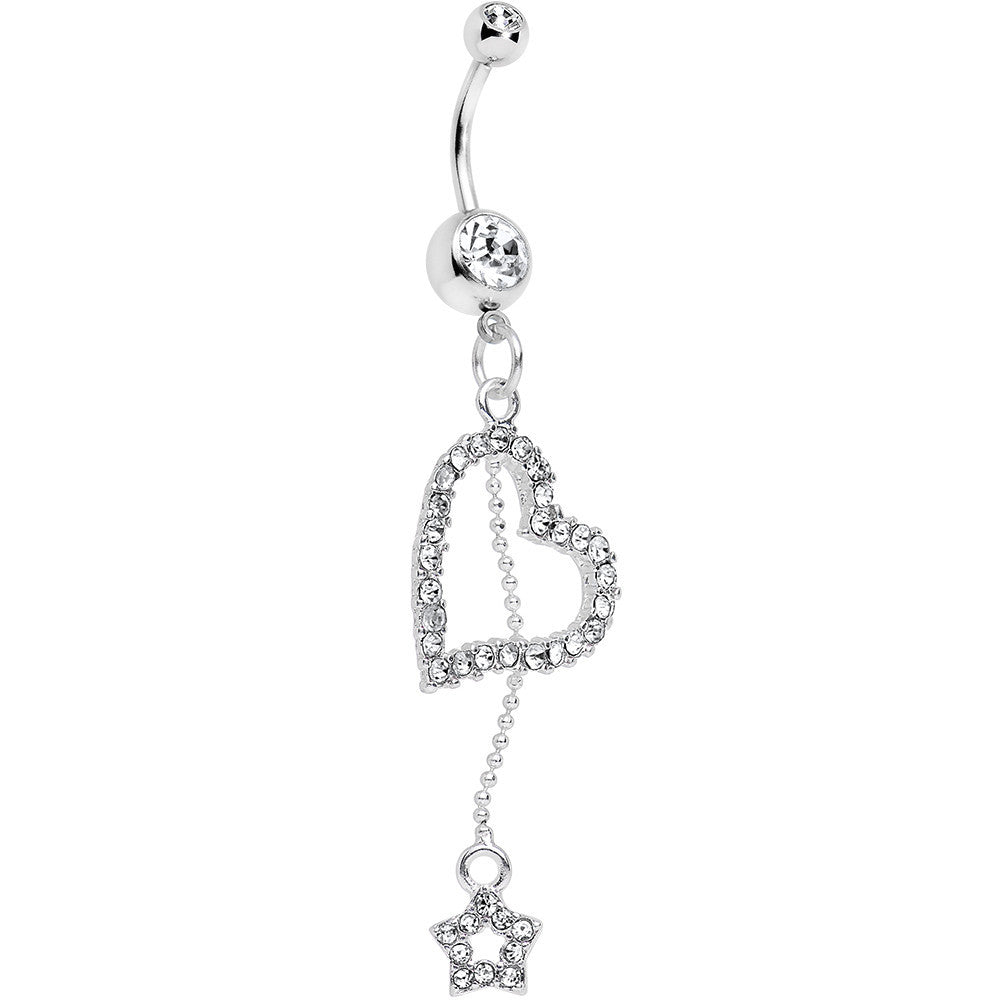 Clear Paved Heart and Star Dangle Belly Ring