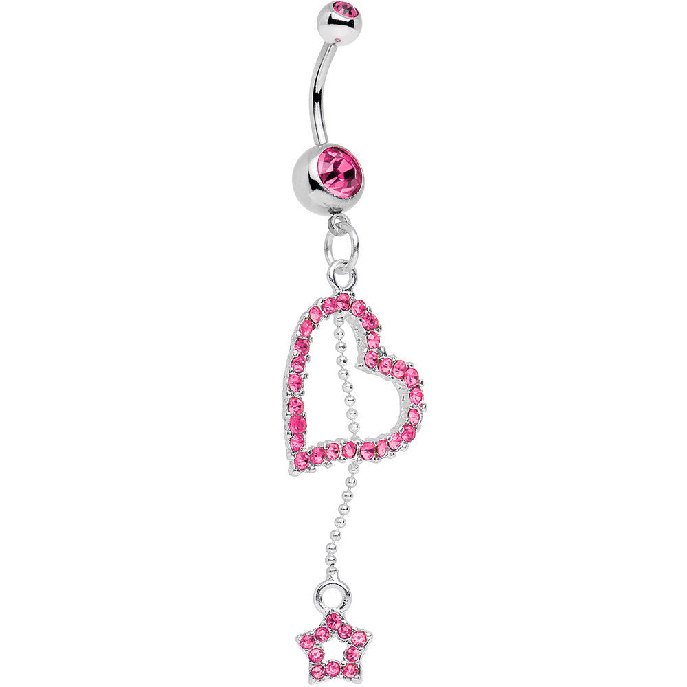 Pink Paved Heart and Star Dangle Belly Ring