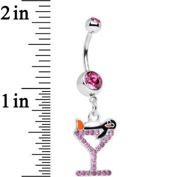 Pink Paved Martini Glass with Pengiun Dangle Belly Ring
