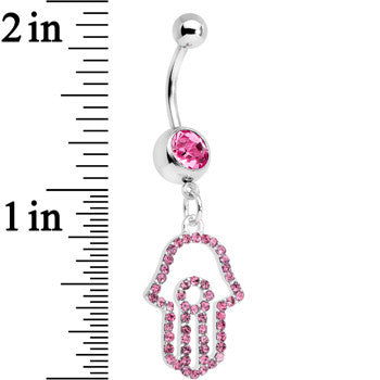 Pink Paved Hamsa Hand Dangle Belly Ring