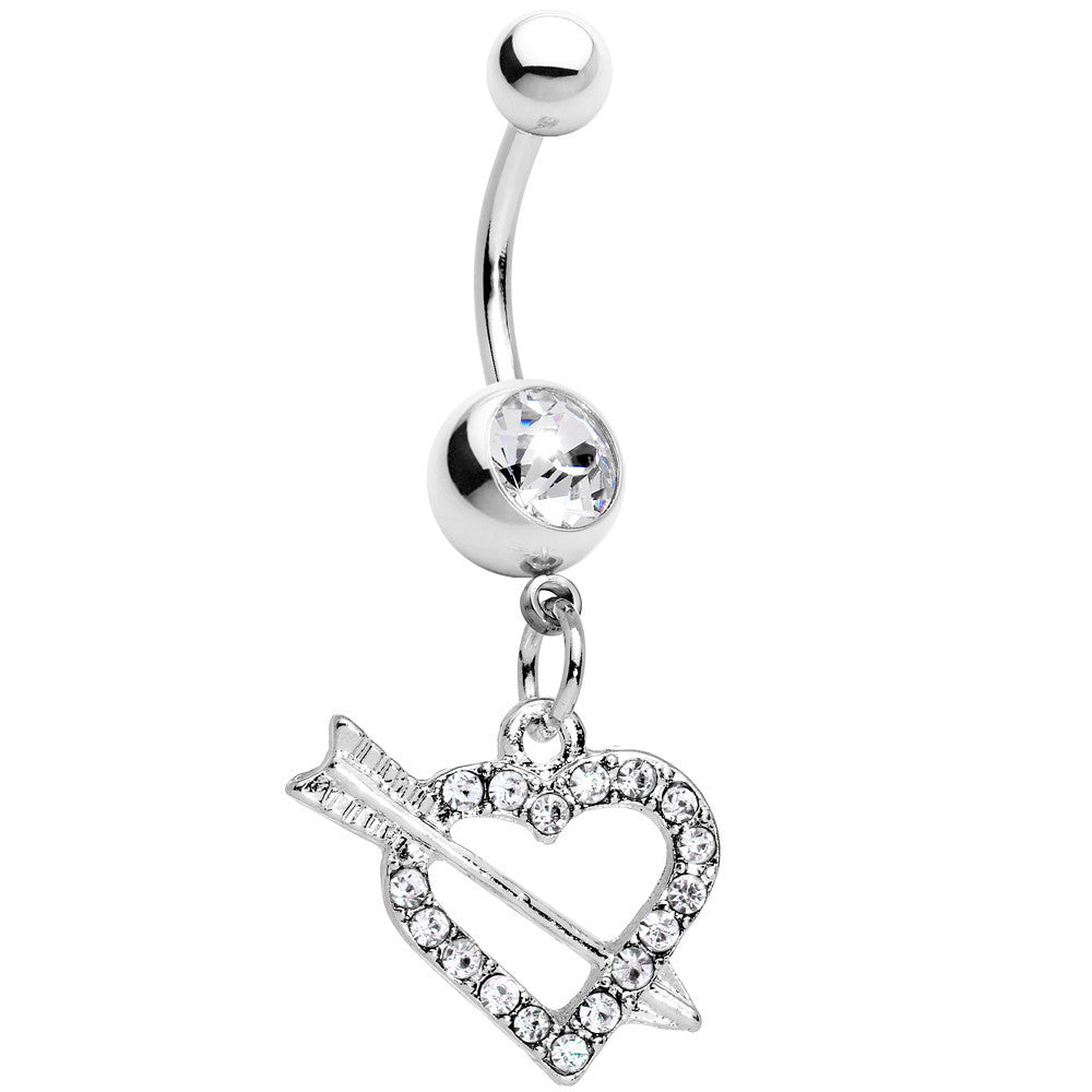 Clear Paved Impaled Heart Dangle Belly Ring