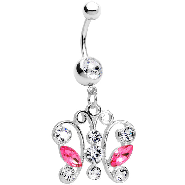 Clear Pink Gem Tokyo Lace Butterfly Dangle Belly Ring
