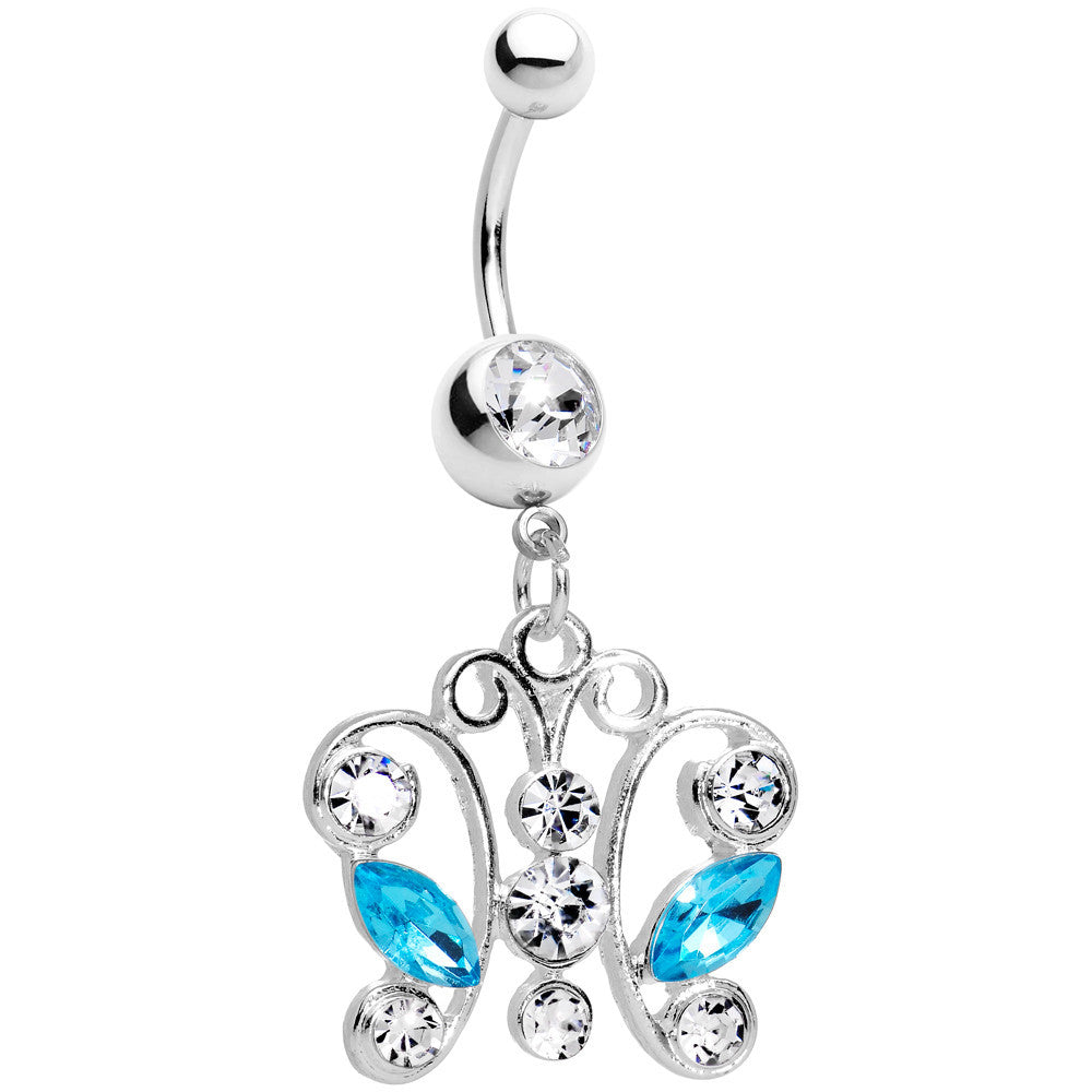 Clear Aqua Gem Tokyo Lace Butterfly Dangle Belly Ring