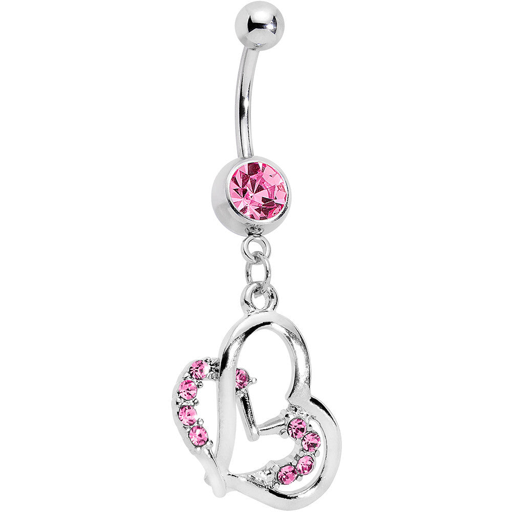 Pink Gem Duo of Hearts Dangle Belly Ring