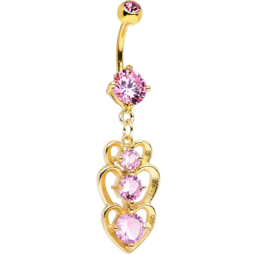 Pink Cubic Zirconia Gold PVD Trio of Hearts Dangle Belly Ring