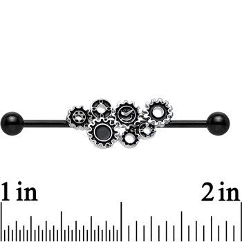 Black Plated Stainless Steel Steampunk Gears Industrial   Barbell 36mm
