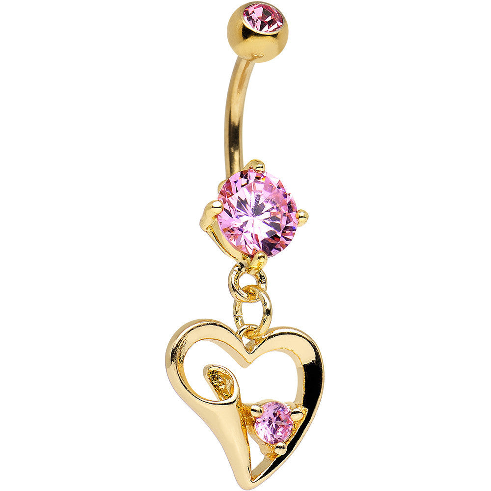 Pink CZ Gem Gold Anodized Folded Hollow Heart Dangle Belly Ring
