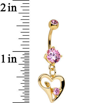 Pink CZ Gem Gold Anodized Folded Hollow Heart Dangle Belly Ring