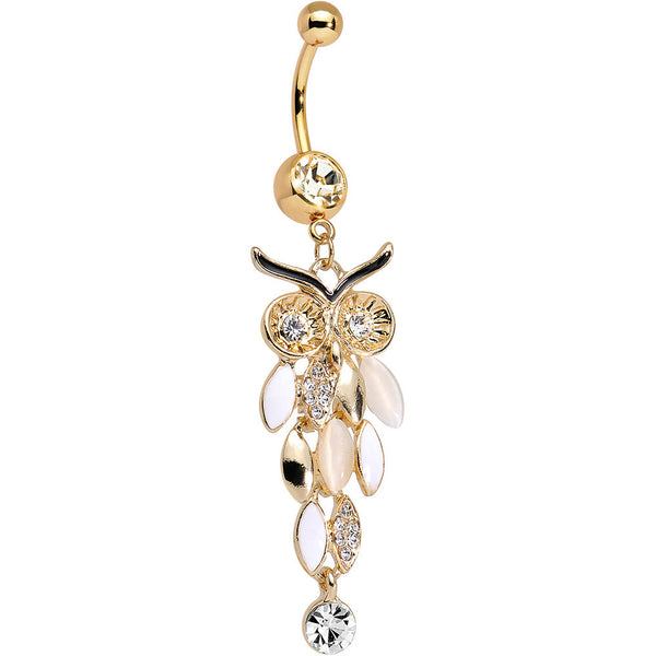Clear Gem White Faux Opal Gold Anodized Feather Owl Dangle Belly Ring