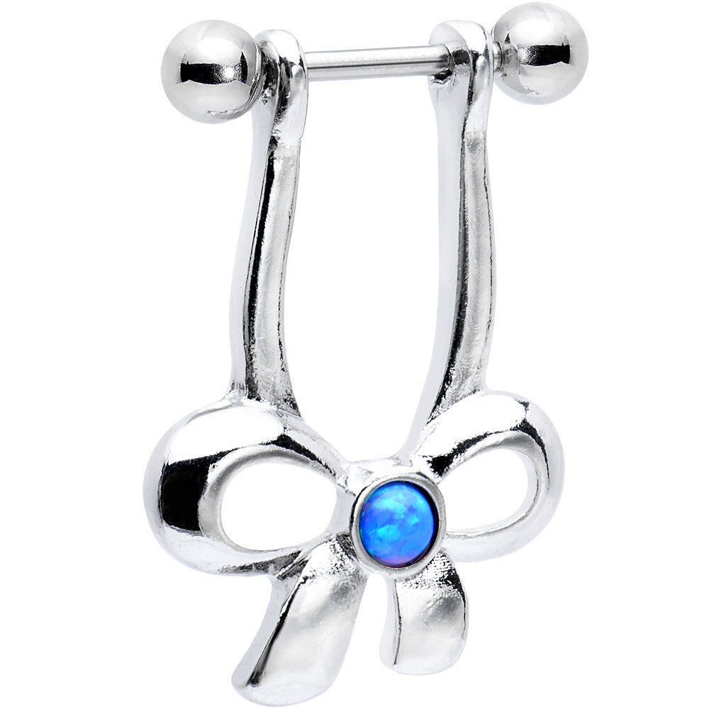 16 Gauge Blue Synthetic Opal Stainless Steel Bow Dangle Helix Earring