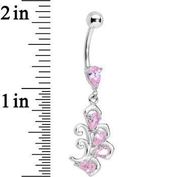 Pink Cubic Zirconia Palm Leaf Dangle Belly Ring