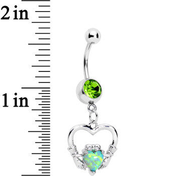 Green Gem Imitation Opal Claddagh Dangle Belly Ring