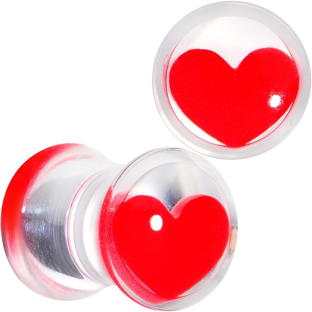 Clear Acrylic Red Heart Double Flare Saddle Plug Set 2 Gauge to 20mm