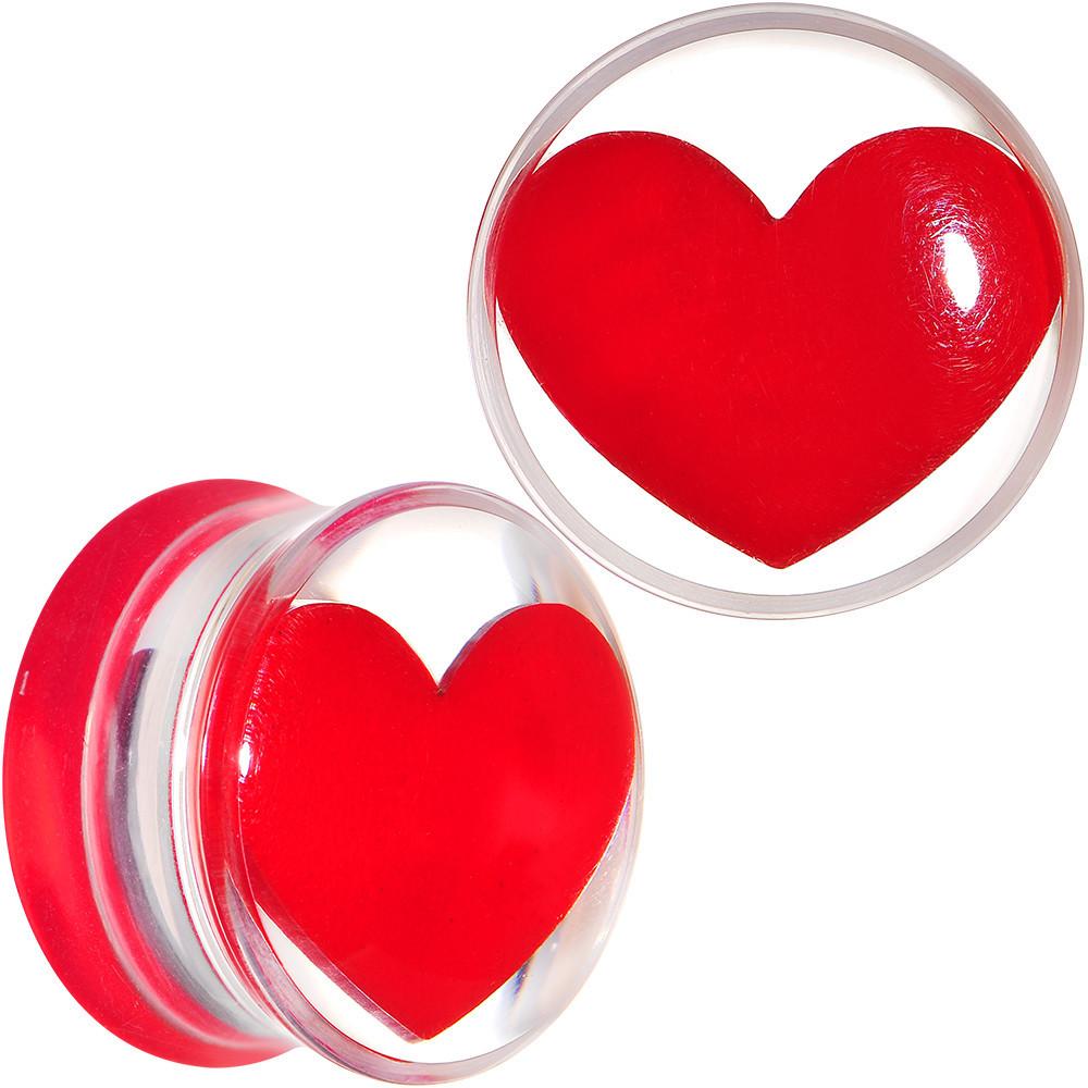 Clear Acrylic Red Heart Double Flare Saddle Plug Set 2 Gauge to 20mm