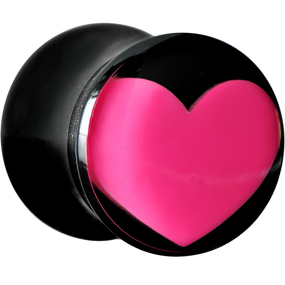 0 Gauge Black Acrylic Hot Pink Heart Saddle Plug
