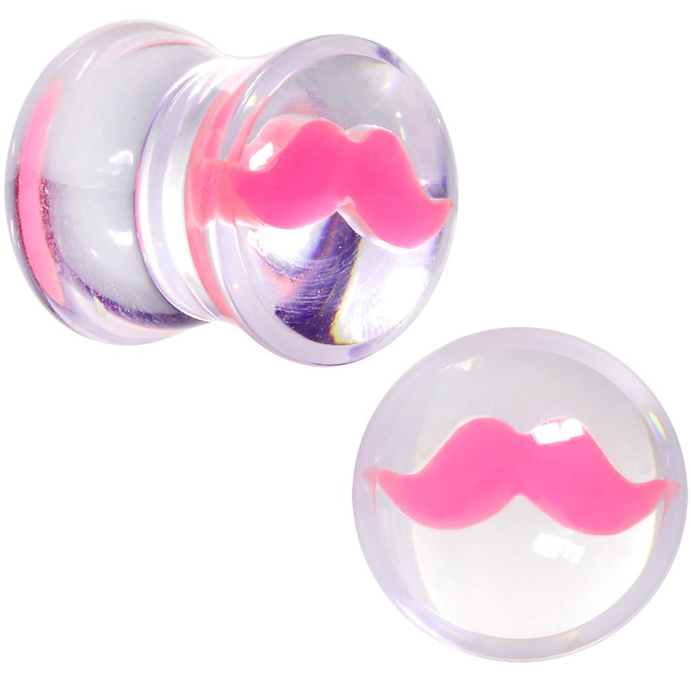 Clear Acrylic Pink Mustache Double Flare Saddle Plug Set 2 Gauge to 20mm