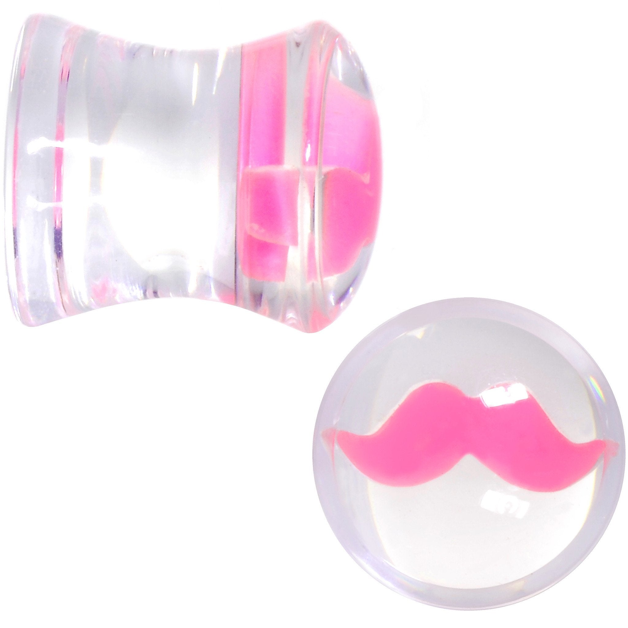 Clear Acrylic Pink Mustache Double Flare Saddle Plug Set 2 Gauge to 20mm