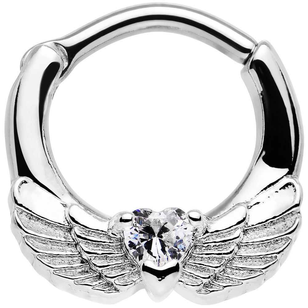 14G 3/8 Clear Cubic Zirconia Heart Angel Wings Septum Clicker