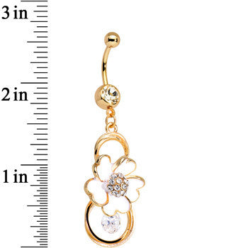 Clear Gem Gold Anodized White Heart Petal Flower Dangle Belly Ring