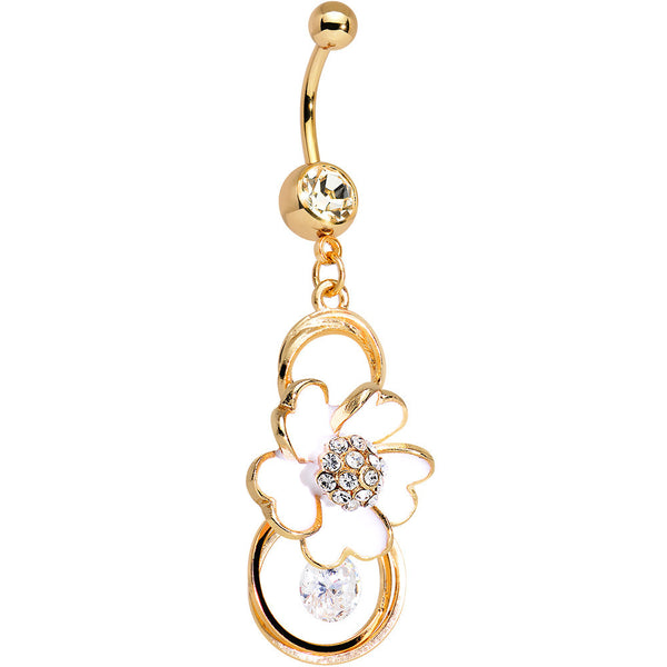 Clear Gem Gold Anodized White Heart Petal Flower Dangle Belly Ring