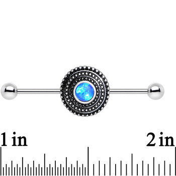Blue Synthetic Opal Stainless Steel Medallion Industrial Barbell 37mm