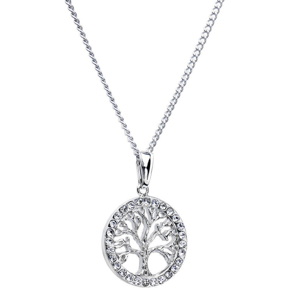 Stainless Chain Clear Gem Tree of Life Medallion Pendant Necklace